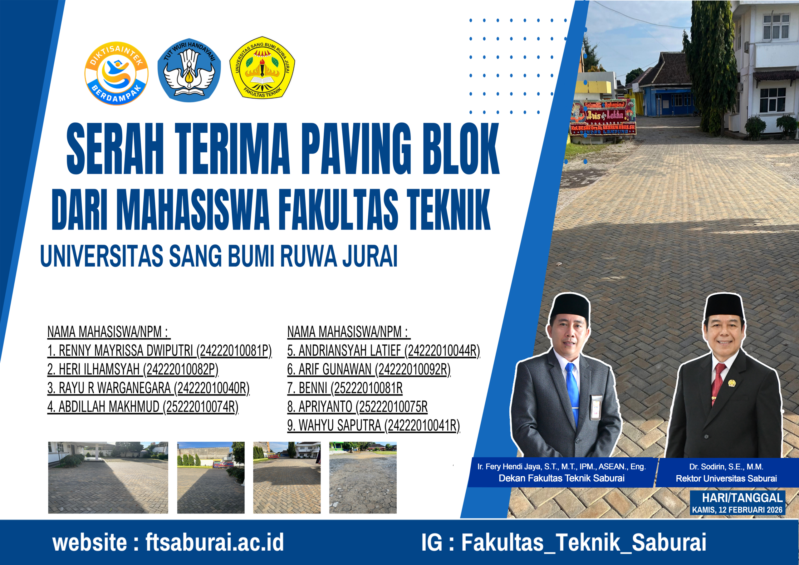 Mahasiswa Fakultas Teknik memberikan bantuan Paving Blok secara simbolis kepada pihak yayasan
