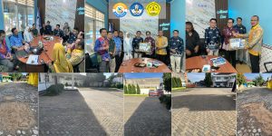 Mahasiswa Fakultas Teknik memberikan bantuan secara simbolis kepada pihak yayasan Universitas Sang Bumi Ruwa Jurai